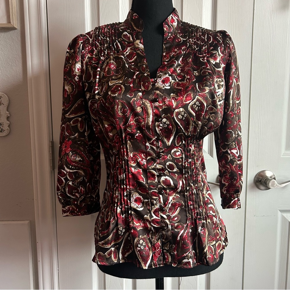 brown & red satin half sleeve button down blouse bohemian